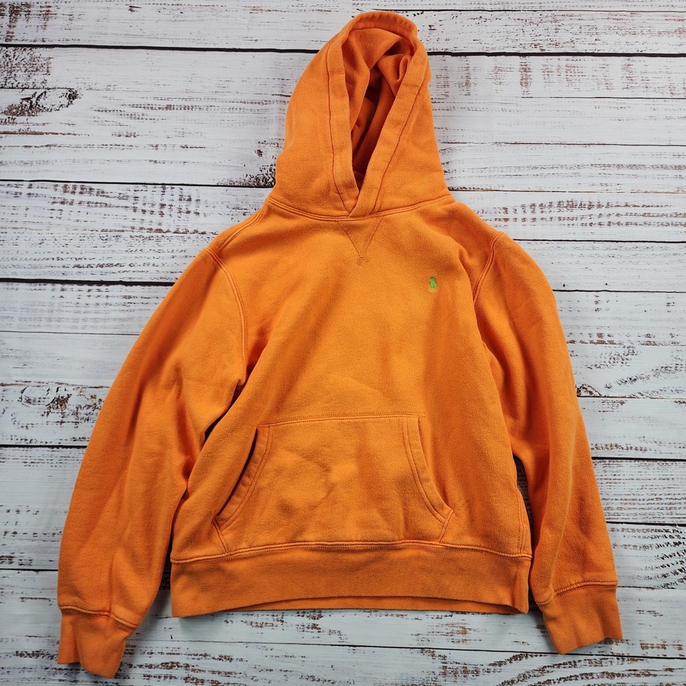 Polo Ralph Lauren Hoodie Boys L 14-16 Orange Green Pony Pullover Fleece Cotton